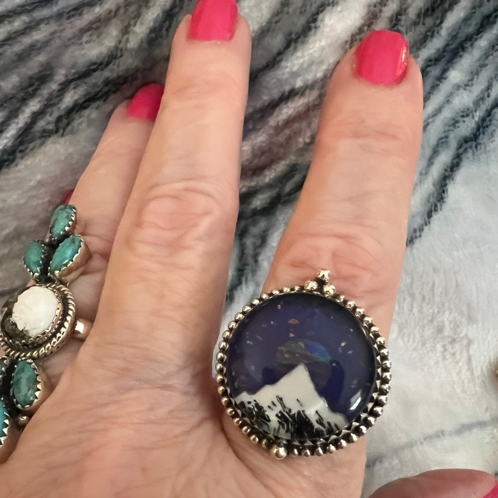 ❤️ Aurora Opal Celestial Mountain Night Sky Southwestern 925 Ring Sz 10 - 10 Gms